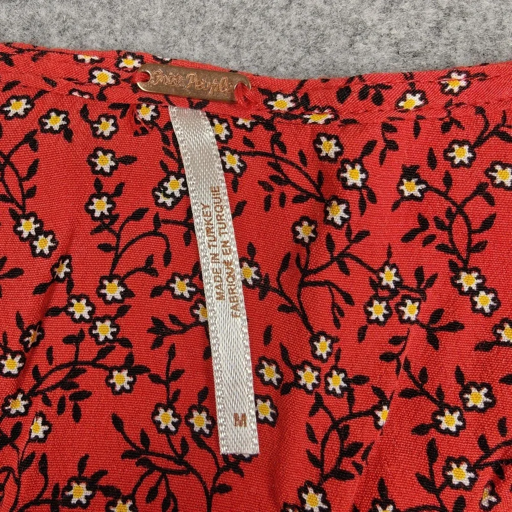 Free People Dress Womens Large Red‎ Floral Wrap Ruffle Mini V Neck Puff Sleeve